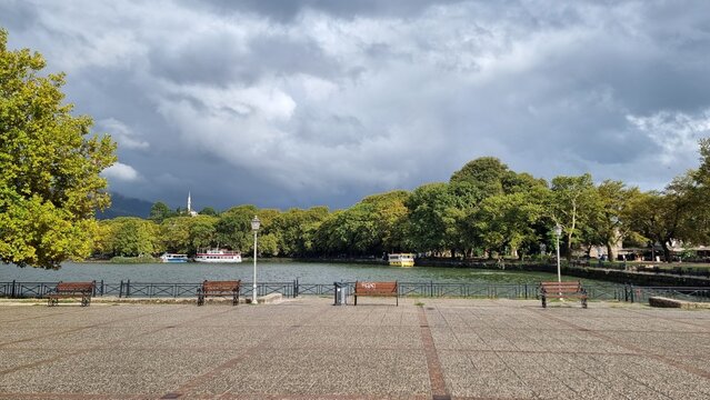 ioannina lake after rain in autumn greece