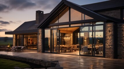 Tranquil evening atmosphere on the patio with elegant sliding doors for outdoor relaxation