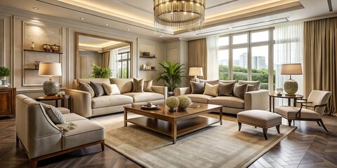 Elegant living room with neutral color palette, plush furniture, and natural textiles, exuding sophistication and