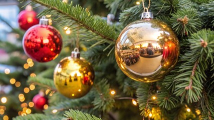 Red and gold Christmas baubles hanging on festive tree