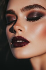 Naklejka premium woman with bold, cool-toned smokey eyes in shades of grey and charcoal, paired with a matte berry lip