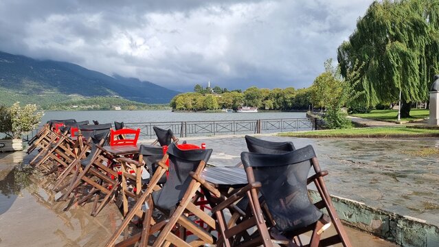 ioannina lake after rain in autumn greece