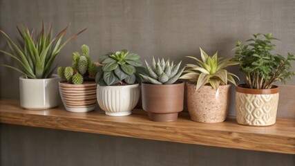 Assorted potted succulents on wooden shelf
