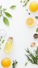 A minimal flat lay of food ingredients arranged on a white background provides ample space for recipe text.