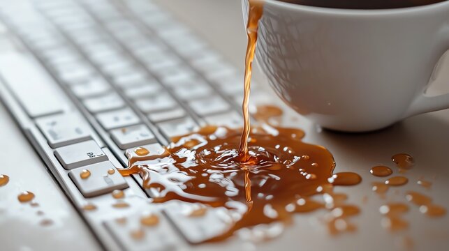 Coffee spilling on a white keyboard, causing a mess.