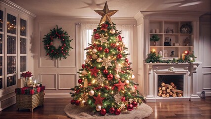 Beautifully decorated Christmas tree with wreath and gifts
