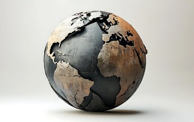 Fragmented World: 3D Model of Broken Globe Representing Global Conflict and Division with Dramatic Shading on White Background