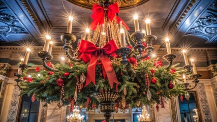 Fototapeta premium Festive chandelier decorated with greenery and red bows