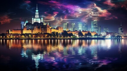 Obraz premium Stunning nighttime cityscape of warsaw, poland s vibrant capital city illuminated