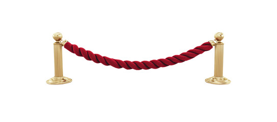 3D rendering set of red velvet rope with golden metal pole Isolated on white background.
