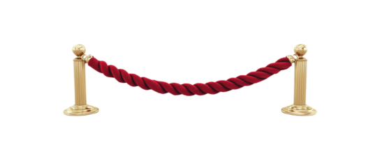 3D rendering set of red velvet rope with golden metal pole Isolated on white background.