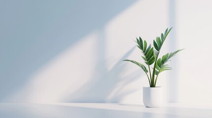  A minimalist white desk features a single potted plant in the corner
