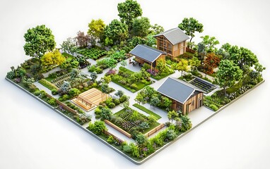 Vibrant 3D Community Garden Model Promoting Urban Greening and Sustainable Living on White Background