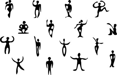 Stylized human figures. Black on transparent background. Flyer background design, advertising background, fabric, clothing, texture, textile pattern.