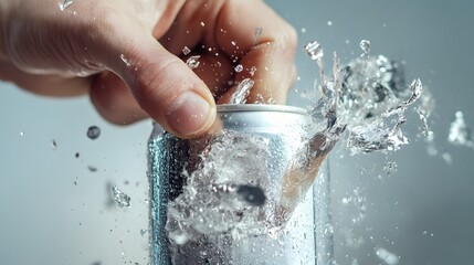 Fototapeta premium Hand Smashing a Can: A hand smashing an aluminum can, with the can crumpling and liquid spilling out. 