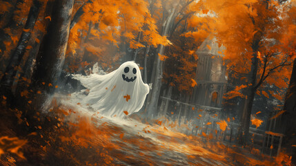 秋の景色とハロウィンおばけ © 背景JAPAN