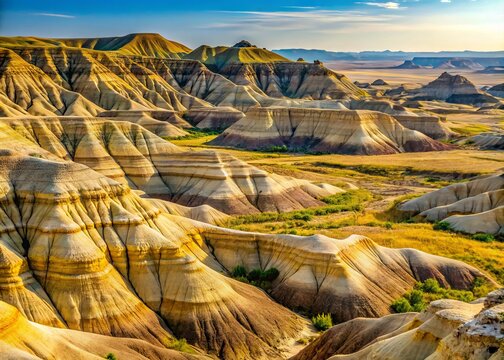 Eroded beige and yellow loess bluffs stretch towards the horizon, their rugged, crumbling textures and layered