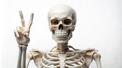 A delicate, yet eerie, human skeleton hand extends from the whiteness, fingers curled into a peace sign, conveying