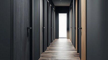 Obraz premium 3D Render of Charcoal Gray Hallway with Flush Wood Doors, Side Perspective.
