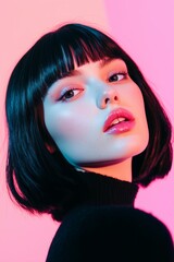Fototapeta premium woman with sharp, straight cut side bangs paired with shoulder length hair, styled with a subtle shine, against a pastel background
