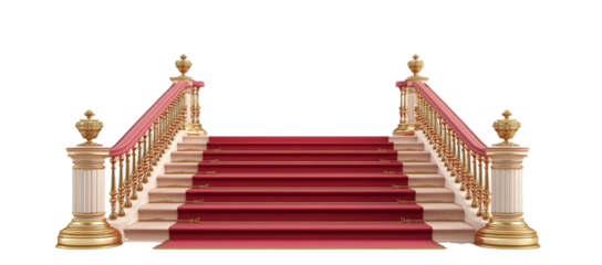 3D rendering of a red carpet and stairs with a golden railing, isolated on a white background