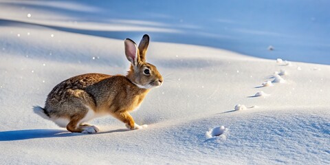 Obraz premium A furry brown blur moves quietly through the snow, leaving behind a trail of distinctive footprints and pellets,