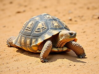 Obraz premium Radiated Tortoise Walking in Dry Desert Landscape