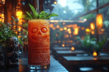Zombie cocktail in a dimly lit tiki bar
