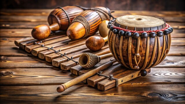 Traditional West African wooden percussion instrument with resonating gourds and wooden keys