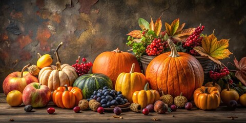 Autumn still life arrangement of pumpkins, fruits, and berries, with space for text