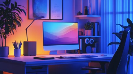 Show a modern workspace at a tilted angle, highlighting the concept of remote work using digital illustration