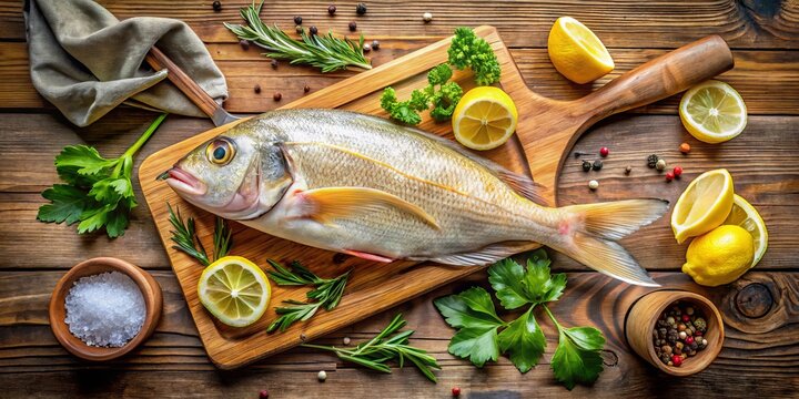 Freshly caught yellow corvina fish lies on a worn wooden cutting board, surrounded by scattered lemons, parsley, and