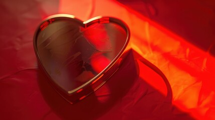 A heart-shaped mirror lies in the enveloping warmth of red light, creating a passionate and intimate visual experience.