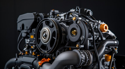 Fototapeta premium Close-up of a high-performance car engine, showcasing intricate components and engineering excellence in modern automotive technology.