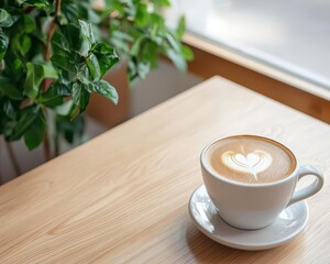 High-angle view of steaming coffee in a cozy cafe, natural wood tones and urban lifestyle, ideal for casual dining and coffee culture