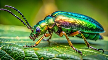 Fototapeta premium A metallic green beetle's striking form features iridescent wings that shimmer in the light and long, slender antennae