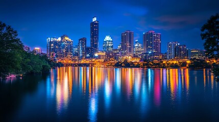 Obraz premium Capture a glowing cityscape at night from eye-level, emphasizing city lights reflecting in the river