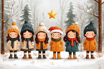 Cute cartoon children in winter clothing, enjoying snowfall in a snowy forest.