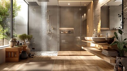 Modern bathroom with marble walls and a large shower