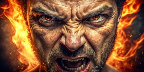 Furious face contorted in anger, eyes blazing with intensity, clenched fists, and a twisted scowl, conveying unbridled