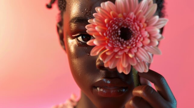 Close-up of a young girl largely obscured behind a pink flower, with light reflecting off her skin, creating a vibrant and artistic portrait.