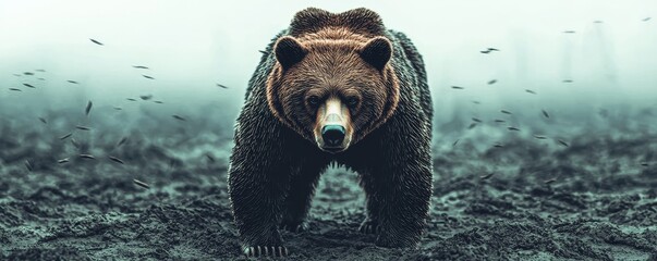 Fototapeta premium Resilient Bear Statue Amid Financial Risk Maze - Symbol of Determined Investors and Diverse Assets in Economic Uncertainty.