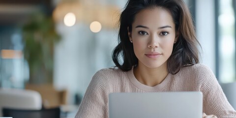 Asian woman deeply focused on her laptop while holding a cup of coffee, indoor cafe setting, modern digital nomad lifestyle