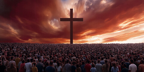 A large crowd gathers in front of a huge cross that stands tall against a dramatic sunset sky. The scene evokes a sense of unity and awe among the assembled people. AI generated.