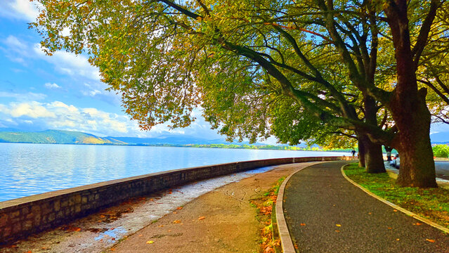 ioannina lake after rain in autumn greece