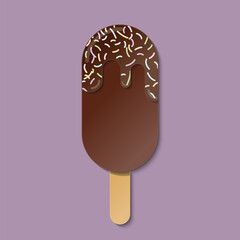 Chocolate ice-cream Popsicle with colorful sugar flat icon vector. Paper Style
