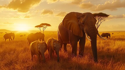 Elephant herd in a savanna, family interaction with a mother guiding her calf, large tusks...