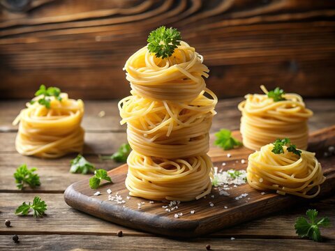 Golden brown pasta rings stacked high in a delicate pyramid, garnished with fresh parsley and a sprinkle of