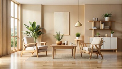 render of bright beige room with natural wooden furniture, including a mock up wall