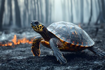 Fototapeta premium Resilient turtle in a charred forest: nature's battle against wildfires